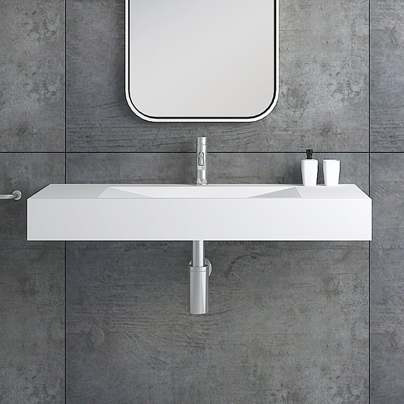 Glossy White Wall-Mount Floating Sink Solid Surface Stone Resin Bathroom V-Shaped Sink