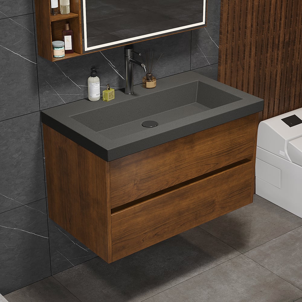 Bathroom Vanity Set 31.5" Modern Floating Concrete Bathroom Vanity Walnut with Sink