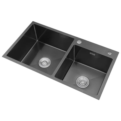 32" Black Stainless Steel Kitchen Sink Double Bowls Drop-In Sink with Drain and Overflow
