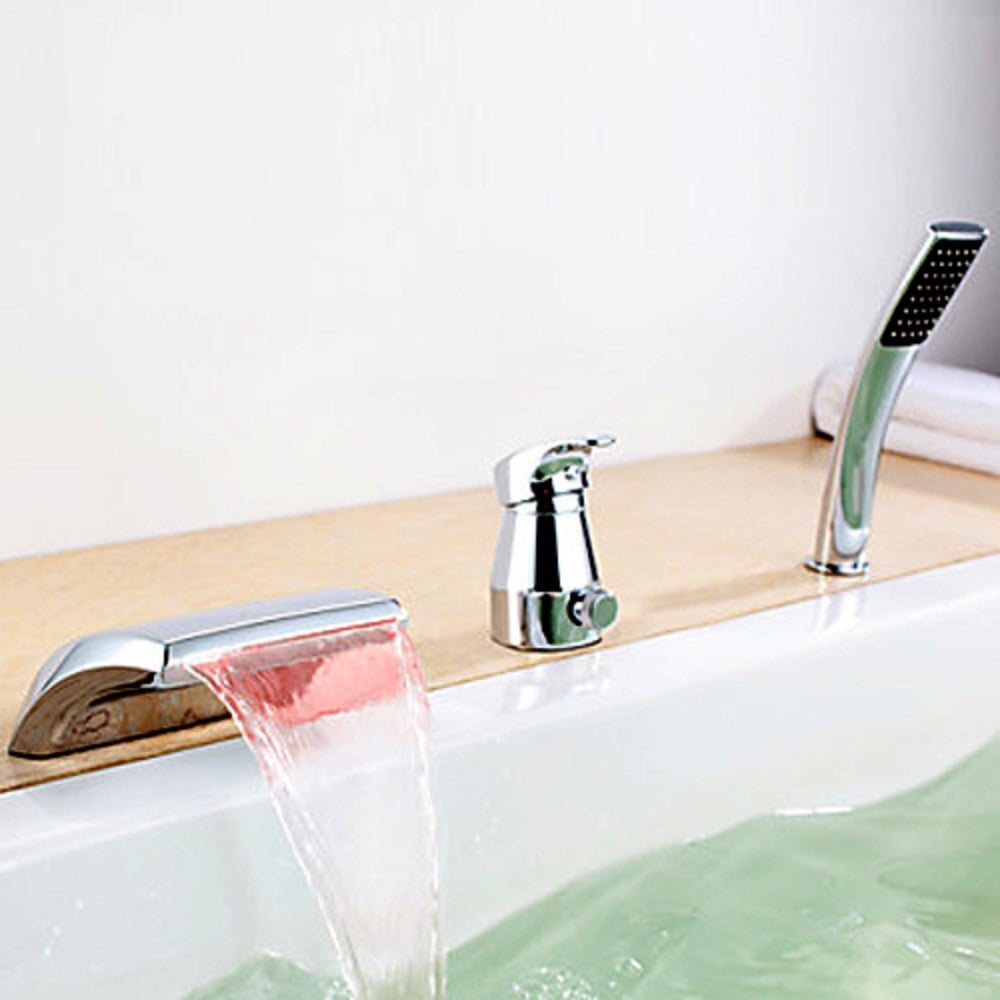 Waterfall Deck-Mount Modern Tub Faucet with Handshower in Chrome