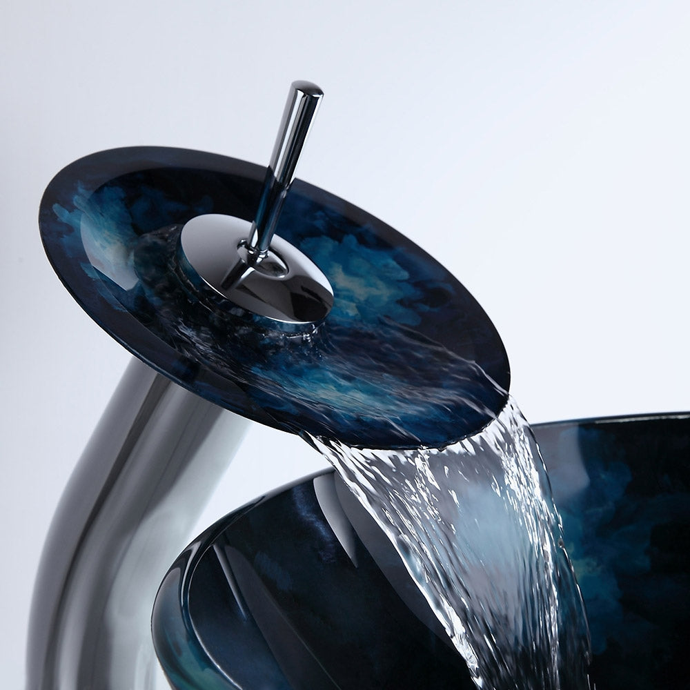 Dark Blue Tempered Glass Circular Vessel Sink Waterfall Faucet Set Pop-Up Drain Included