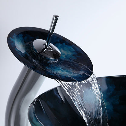 Dark Blue Tempered Glass Circular Vessel Sink Waterfall Faucet Set Pop-Up Drain Included