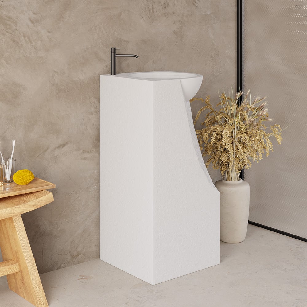 34" Japandi Tall Stone Resin Pedestal Sink with Rounded Basin Freestanding in White