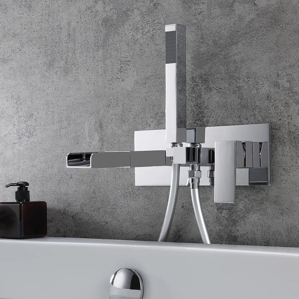 Mill Modern Waterfall Wall-Mount Tub Filler Faucet & Handshower Chrome Solid Brass