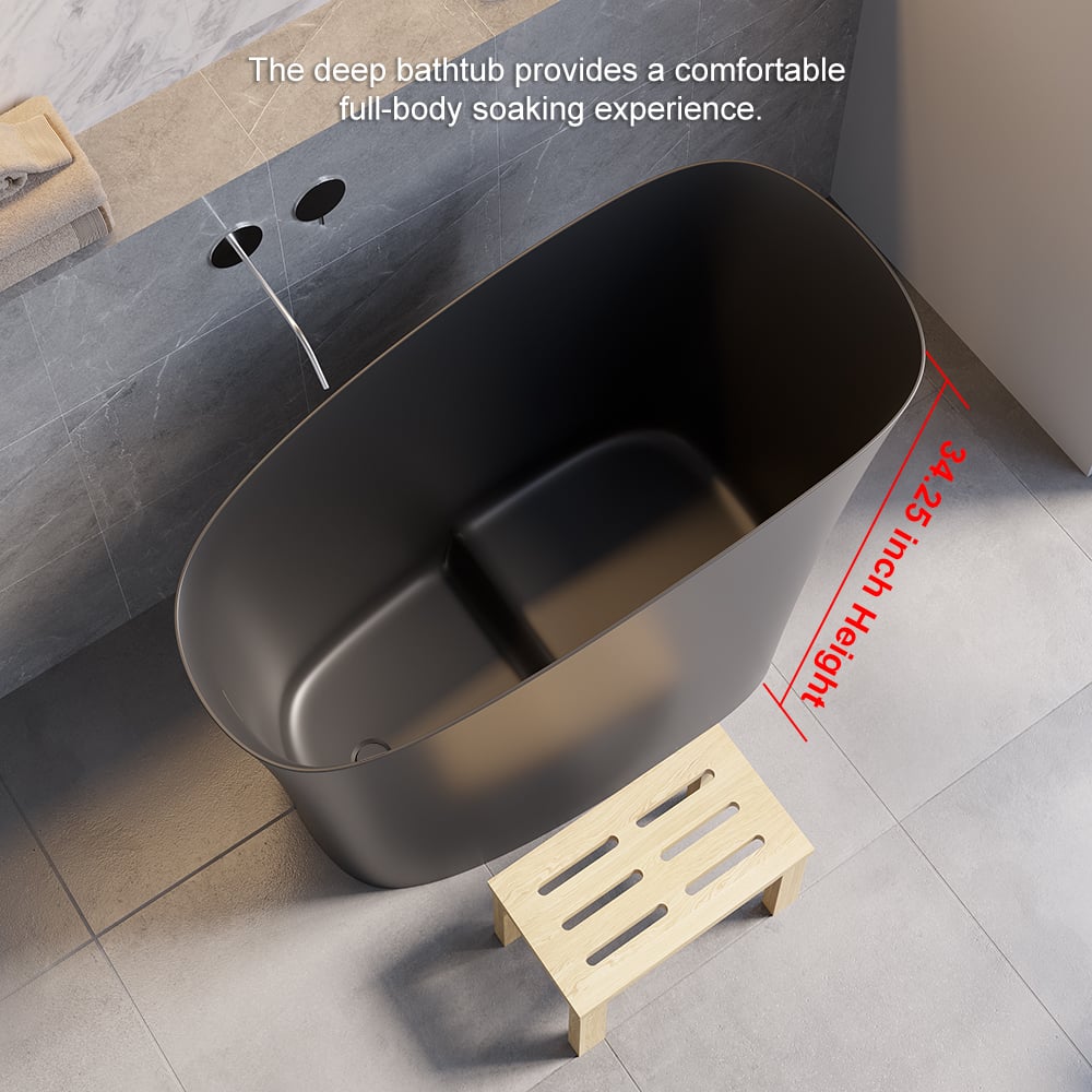 47" Japanese Modern Irregular Freestanding Stone Resin Soaking Bathtub Black