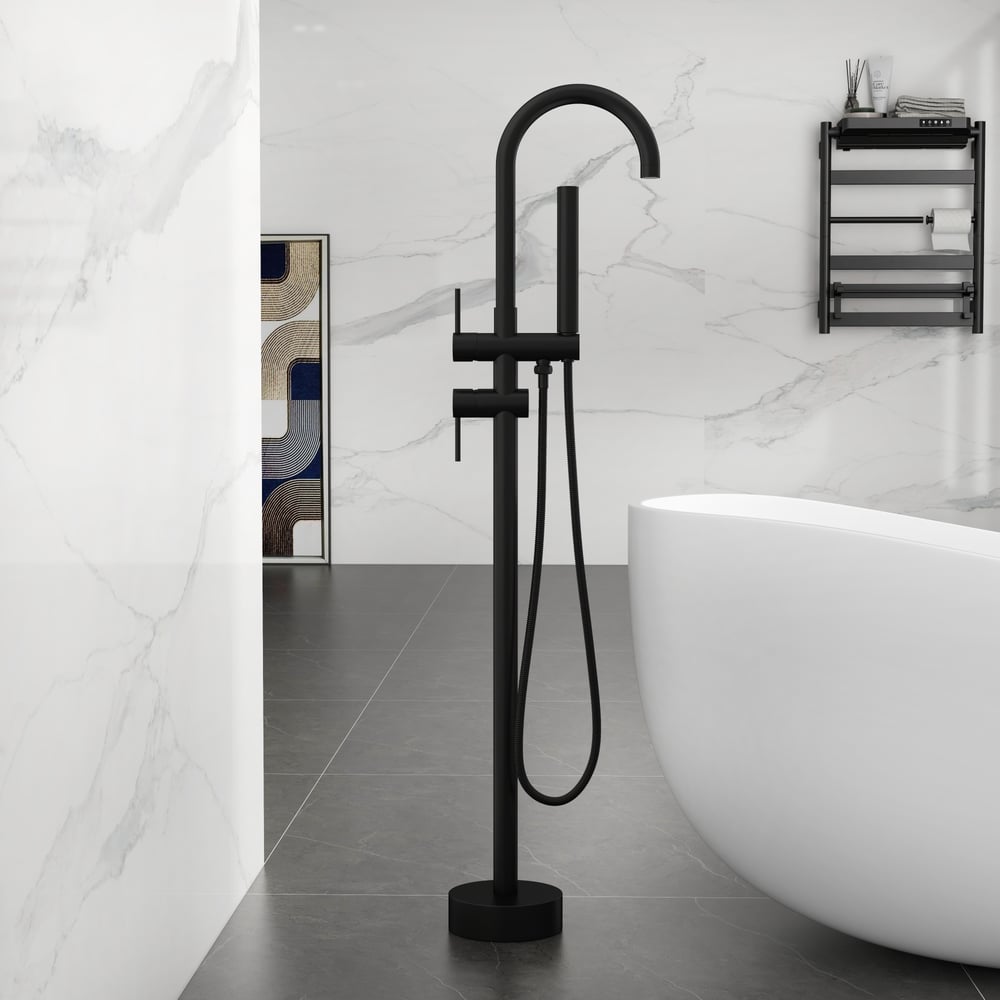 Brewst Contemporary Matte Black Gooseneck Freestanding Tub Filler Faucet