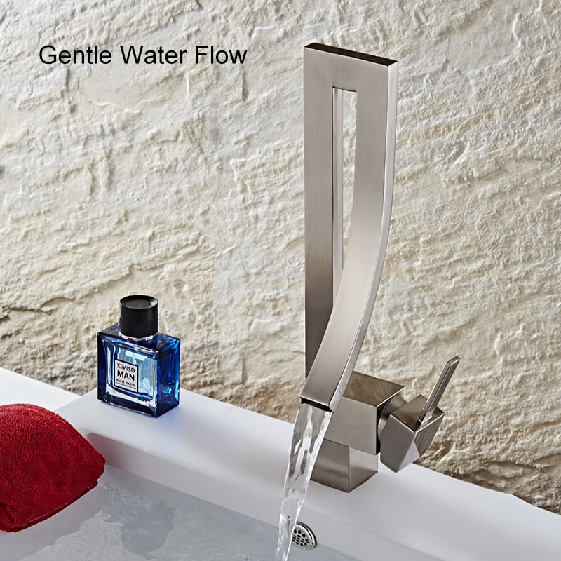 Modern Single Handle 1-Hole Brushed Nickel Bathroom Sink Faucet Waterfall Spout Brass