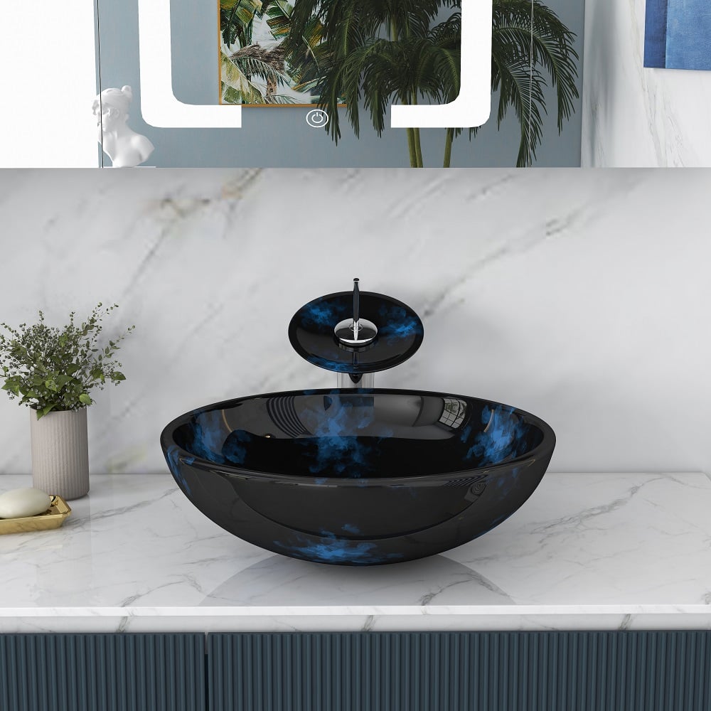 Dark Blue Tempered Glass Circular Vessel Sink Waterfall Faucet Set Pop-Up Drain Included