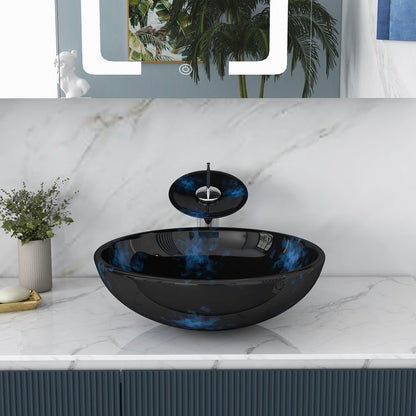 Dark Blue Tempered Glass Circular Vessel Sink Waterfall Faucet Set Pop-Up Drain Included