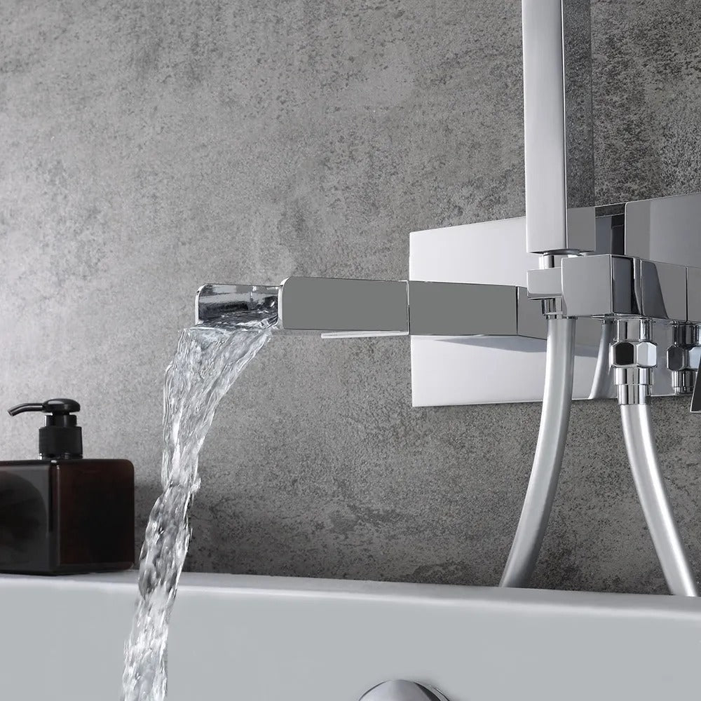 Mill Modern Waterfall Wall-Mount Tub Filler Faucet & Handshower Chrome Solid Brass