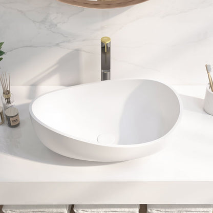 Bathroom Stone Resin Oval Vessel Sink Modern Art Sink Matte White with Pop Up Drain