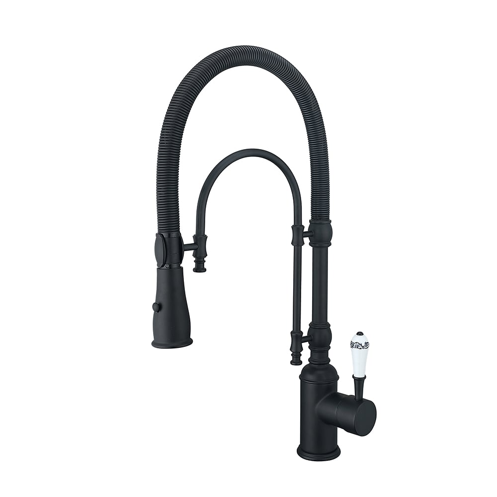 High Arc Dual-Mode Pull-Down Kitchen Faucet Solid Brass with Porcelain Handle