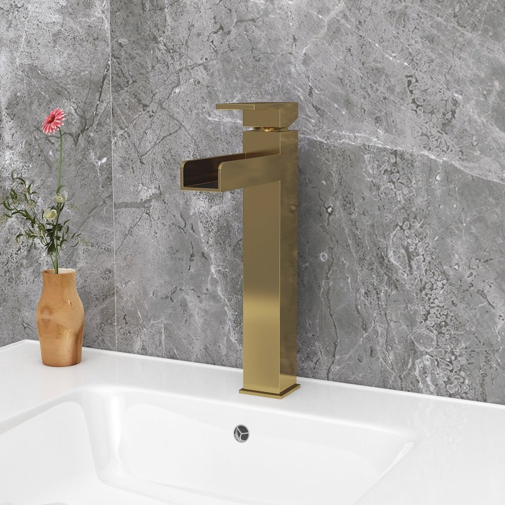 Brushed Gold Single Handle Waterfall Bathroom Vessel Sink Faucet Solid Brass Modern