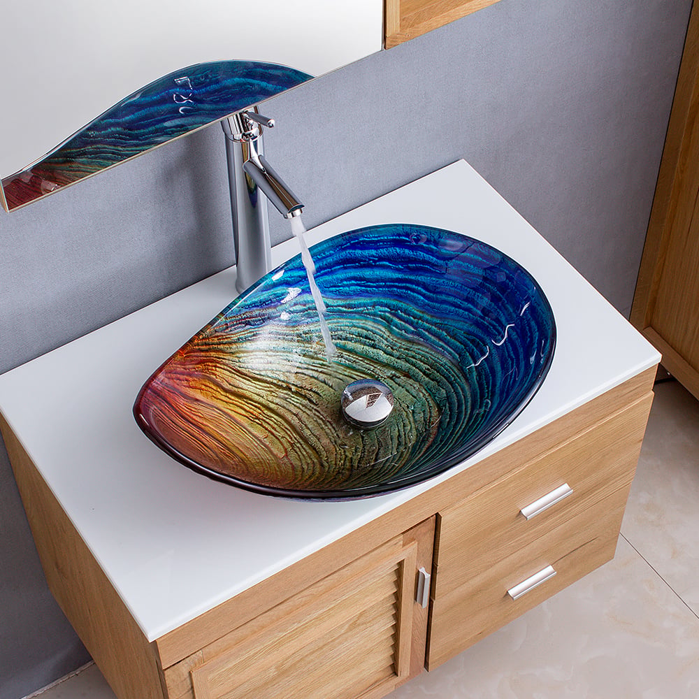 Tempered Glass Multicolor Teardrop-Shaped Bathroom Vessel Sink Wash Sink
