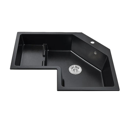 32" Modern Black Drop In Corner Kitchen Sink Single Bowl Quartz Irregular Left Sink