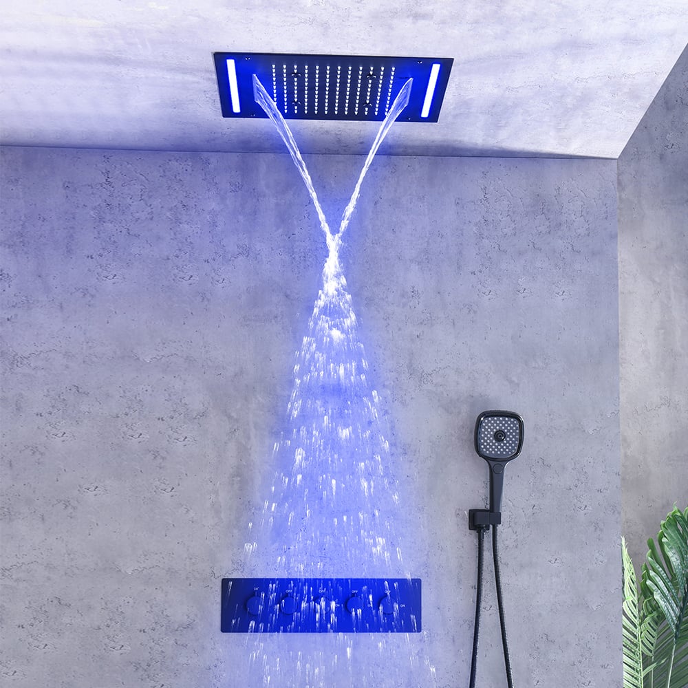 20" Ceiling Mounted Thermostatic Rainfall Shower System 4 Functions LED Light in Black