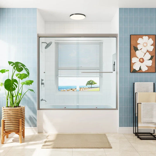 Bathroom Sliding Glass Door 59 Inch Brushed Nickel Frameless Shower Door Model BE5956-BN