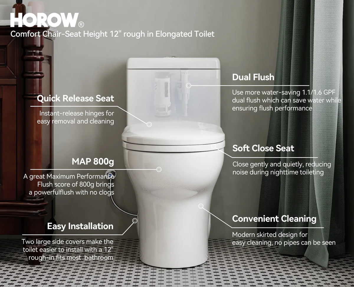 HOROW 76D 12-Inch Rough-In Dual Flush One-Piece Toilet with Quick-Release Seat