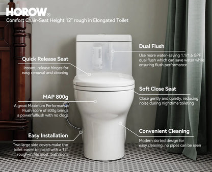 HOROW 76D 12-Inch Rough-In Dual Flush One-Piece Toilet with Quick-Release Seat