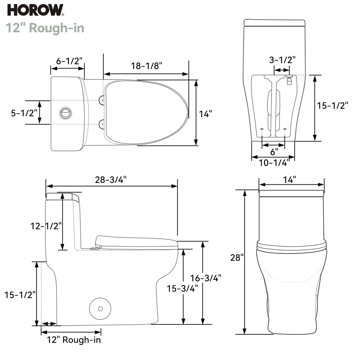 HOROW 76D 12-Inch Rough-In Dual Flush One-Piece Toilet with Quick-Release Seat