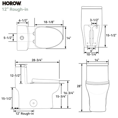 HOROW 76D 12-Inch Rough-In Dual Flush One-Piece Toilet with Quick-Release Seat
