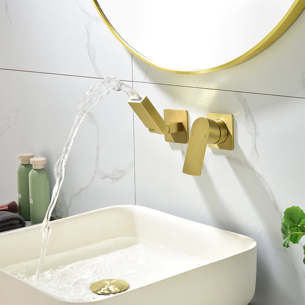 Brushed Gold Waterfall Bathroom Sink Faucet with Swirling Spout Wall-Mounted Solid Brass