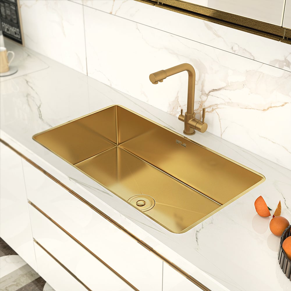 30'' Stainless Steel Kitchen Sink Rectangular Single Bowl in Gold