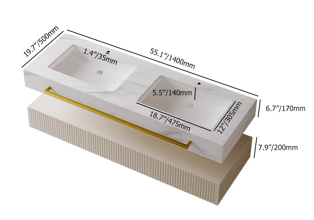 Bathroom Vanity Series 55.1" Modern Floating Bathroom Vanity White with Double Sinks