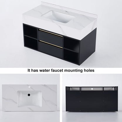 Modern 39.4" Floating Single Bathroom Vanity with Sink in Black, Sintered Stone Top