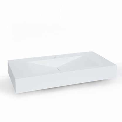 Matte White Wall-Mount Floating Sink Solid Surface Stone Resin Bathroom V-Shaped Sink