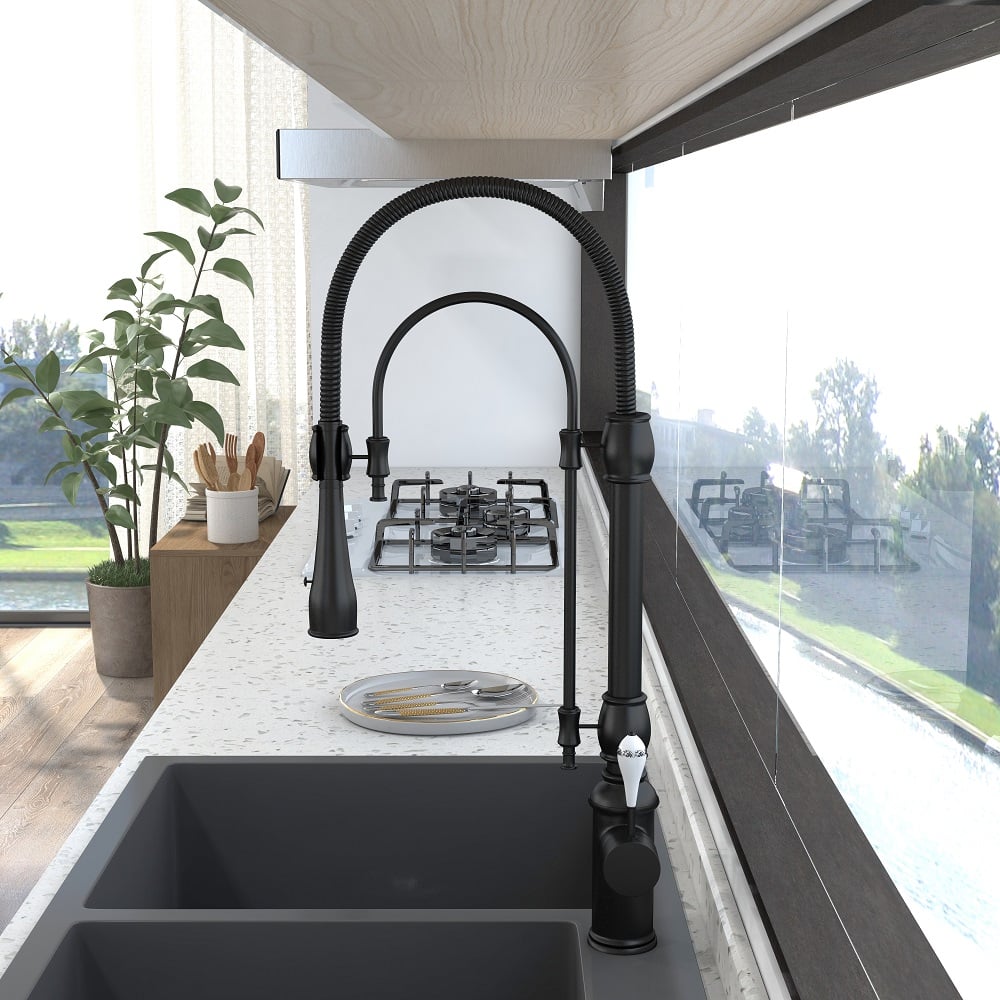 High Arc Dual-Mode Pull-Down Kitchen Faucet Solid Brass with Porcelain Handle