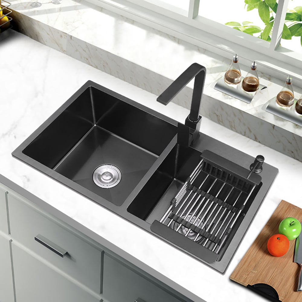 32" Black Stainless Steel Kitchen Sink Double Bowls Drop-In Sink with Drain and Overflow