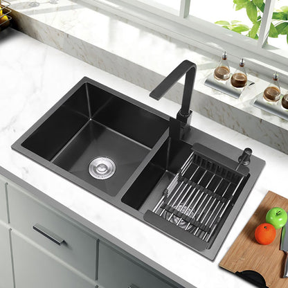 32" Black Stainless Steel Kitchen Sink Double Bowls Drop-In Sink with Drain and Overflow
