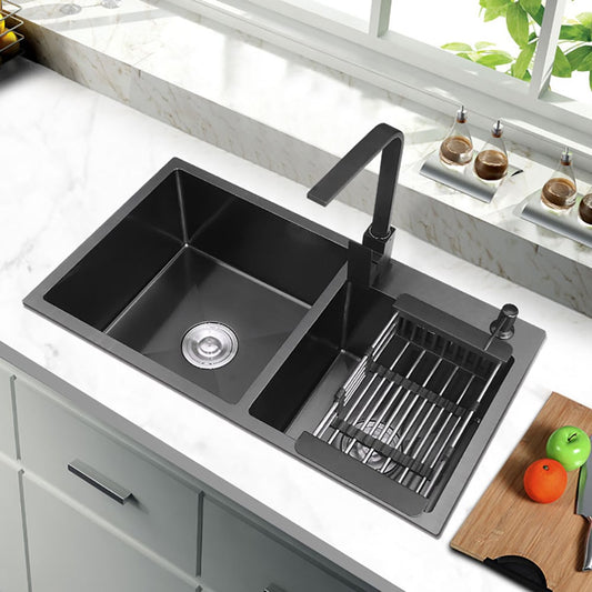 32" Black Stainless Steel Kitchen Sink Double Bowls Drop-In Sink with Drain and Overflow