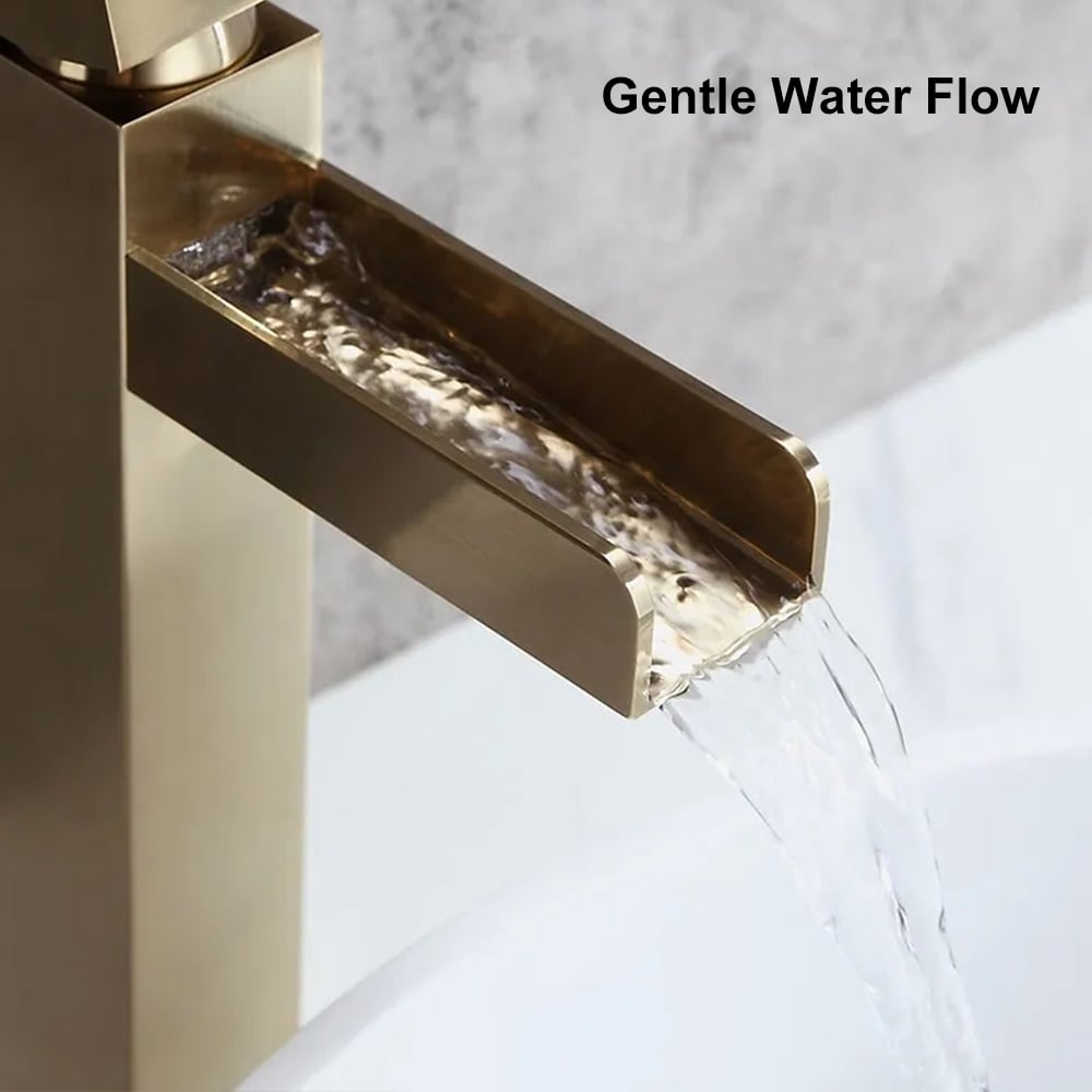 Brushed Gold Single Handle Waterfall Bathroom Vessel Sink Faucet Solid Brass Modern