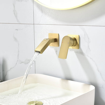 Brushed Gold Waterfall Bathroom Sink Faucet with Swirling Spout Wall-Mounted Solid Brass