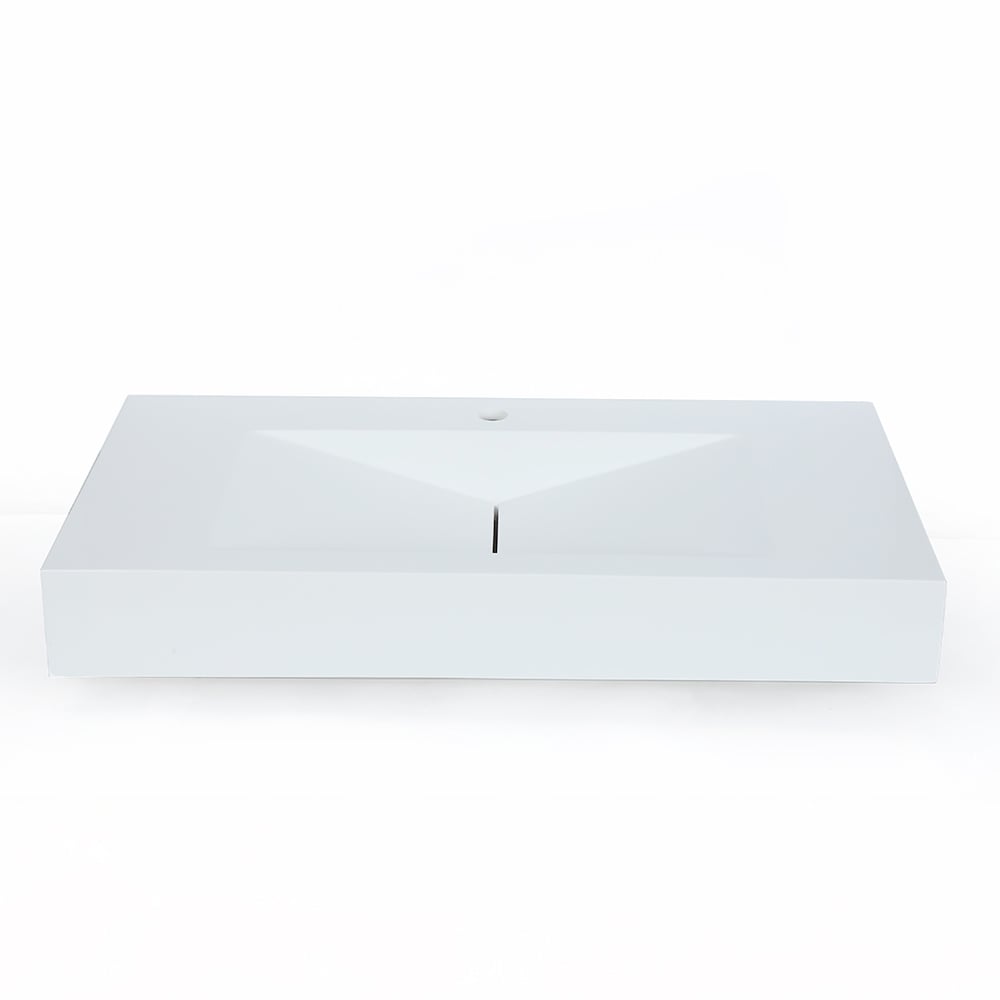 Glossy White Wall-Mount Floating Sink Solid Surface Stone Resin Bathroom V-Shaped Sink