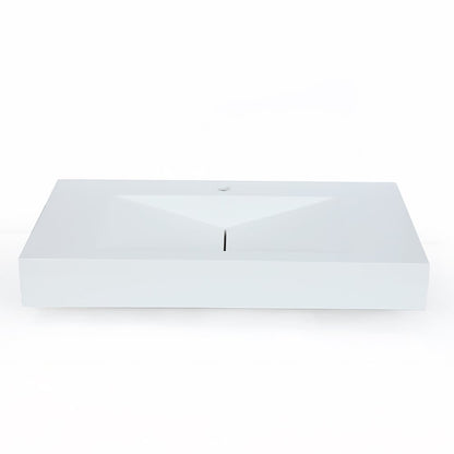 Glossy White Wall-Mount Floating Sink Solid Surface Stone Resin Bathroom V-Shaped Sink