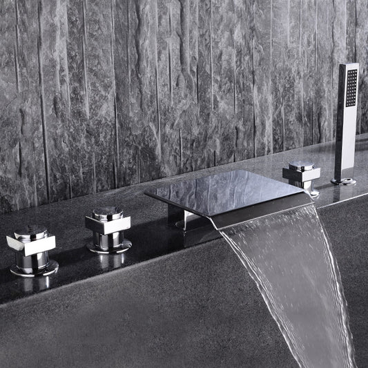 Moda Contemporary Waterfall Deck-Mount Roman Tub Faucet with Handshower in Chrome