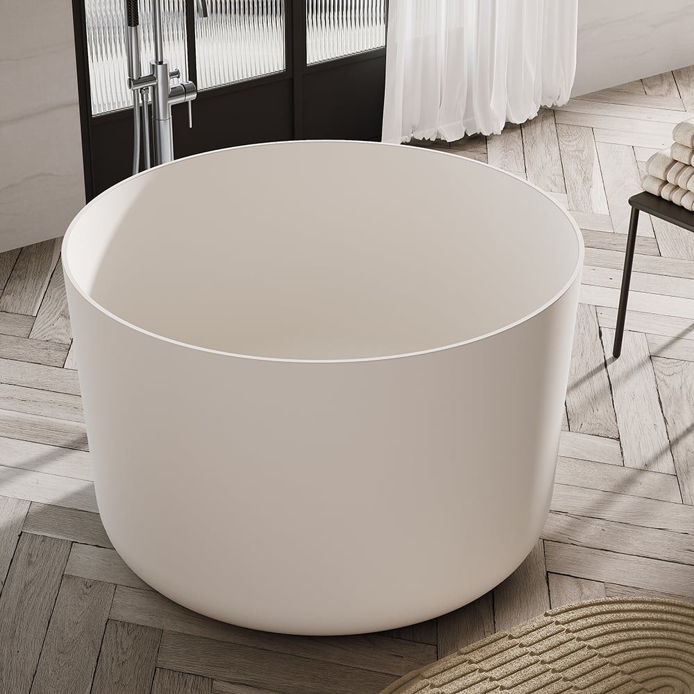 41" Japanese Modern Round  Freestanding Stone Soaking Bathtub White