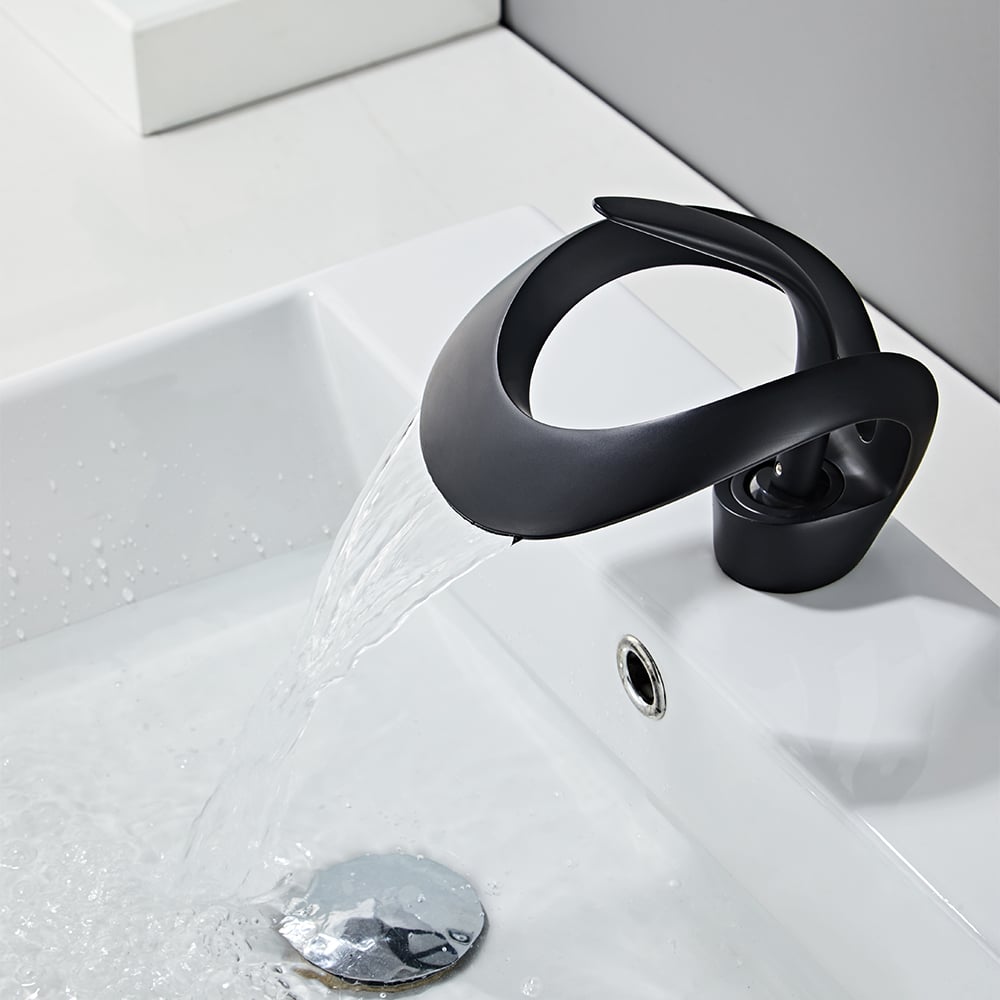 Waterfall Bathroom Sink Faucet in Black Single Handle Solid Brass