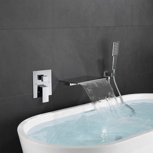 Solid Brass Waterfall Wall-Mounted Bathtub Faucet Tub Filler Single Handle in Chrome