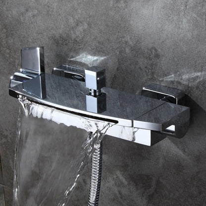 Contemporary Wall Mount Waterfall 2-Handle Chrome Bathtub Filler Faucet with Hand Shower