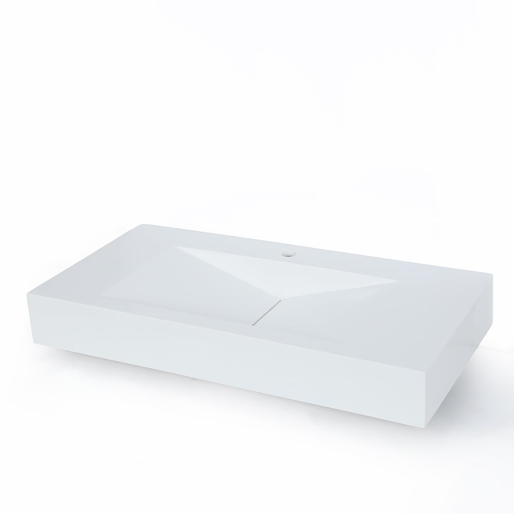 Glossy White Wall-Mount Floating Sink Solid Surface Stone Resin Bathroom V-Shaped Sink