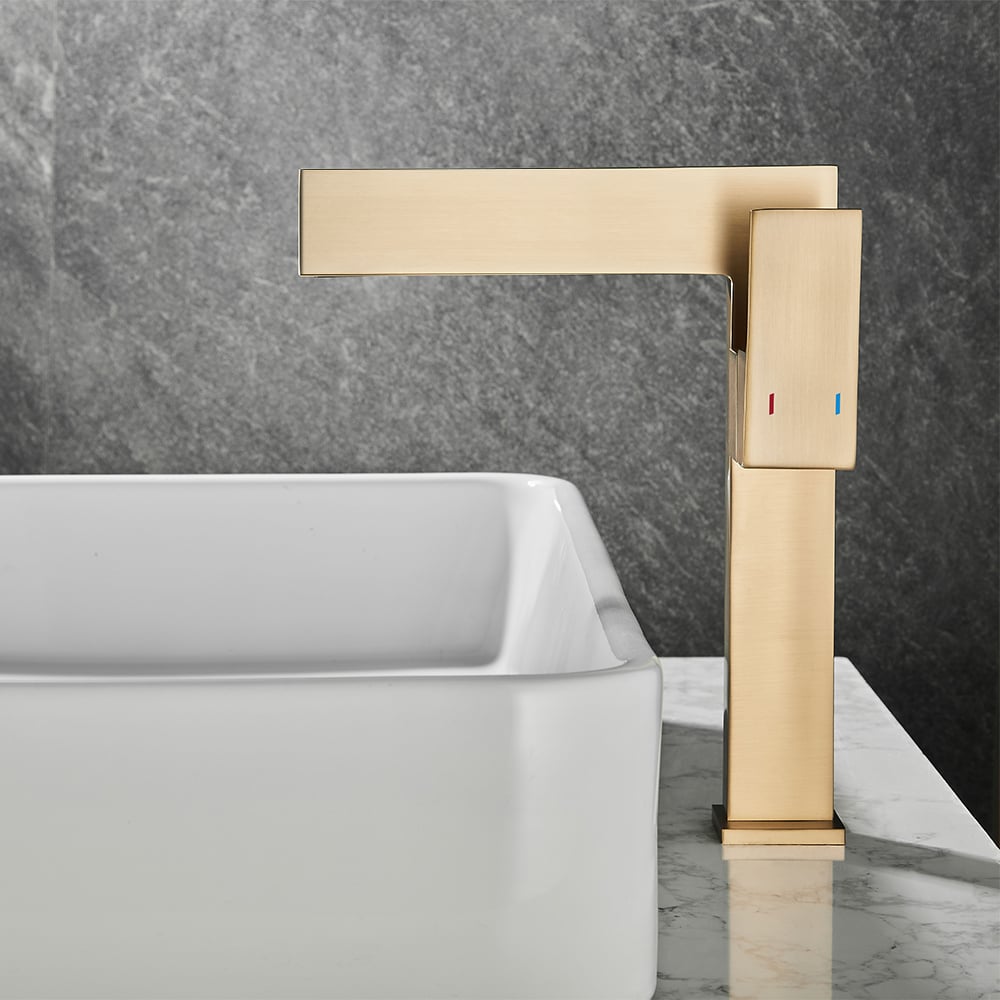 Brushed Gold Ultra-Thin Single Handle Waterfall Bathroom Vessel Sink Faucet Solid Brass