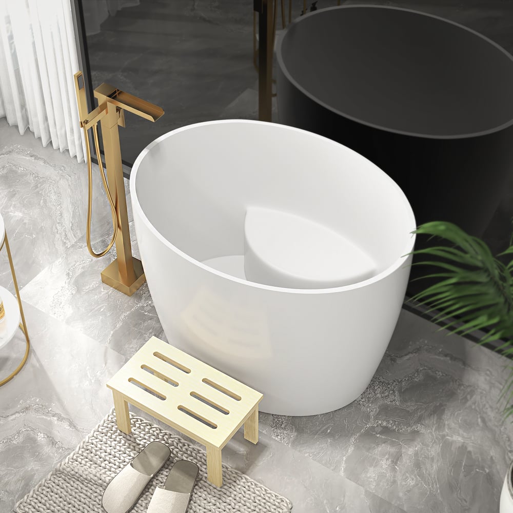 39.37" Modern Deep Oval Freestanding Stone Resin Soaking Bathtub White