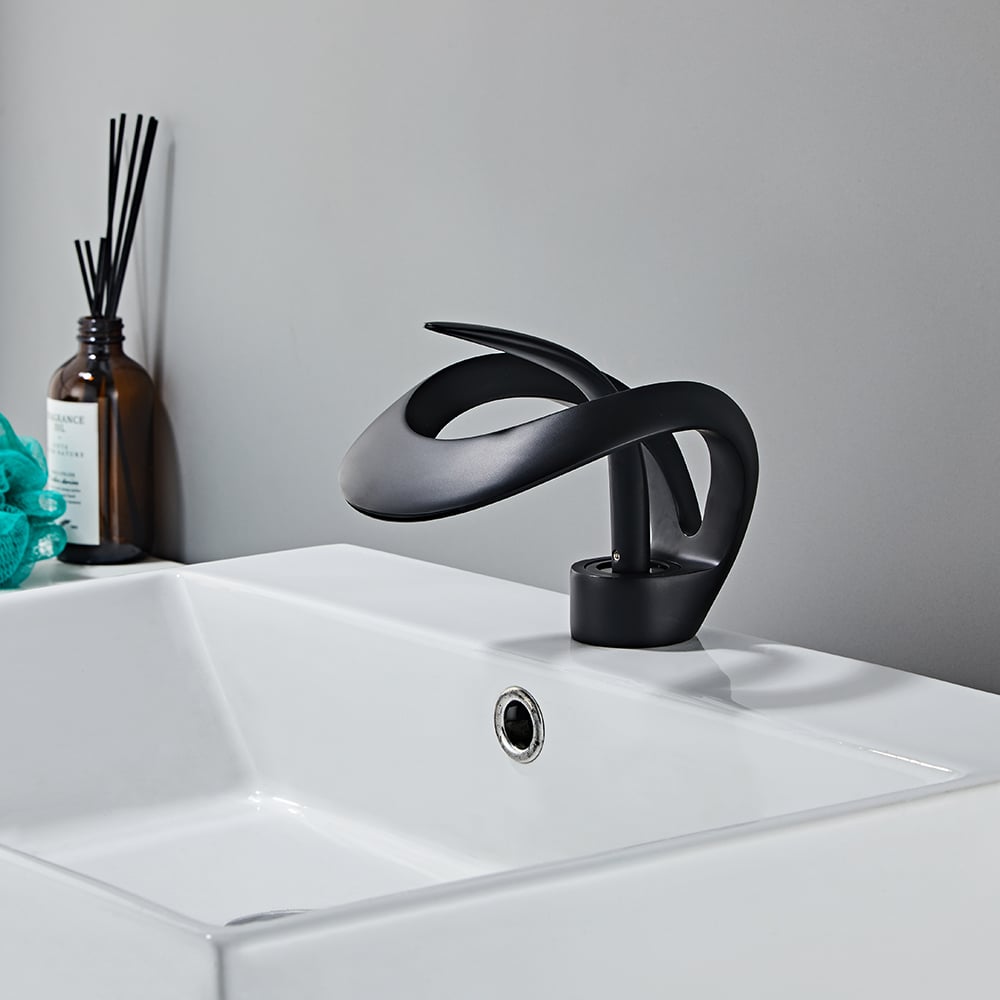 Waterfall Bathroom Sink Faucet in Black Single Handle Solid Brass