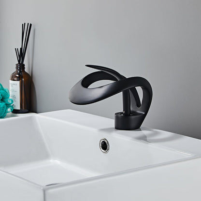 Waterfall Bathroom Sink Faucet in Black Single Handle Solid Brass