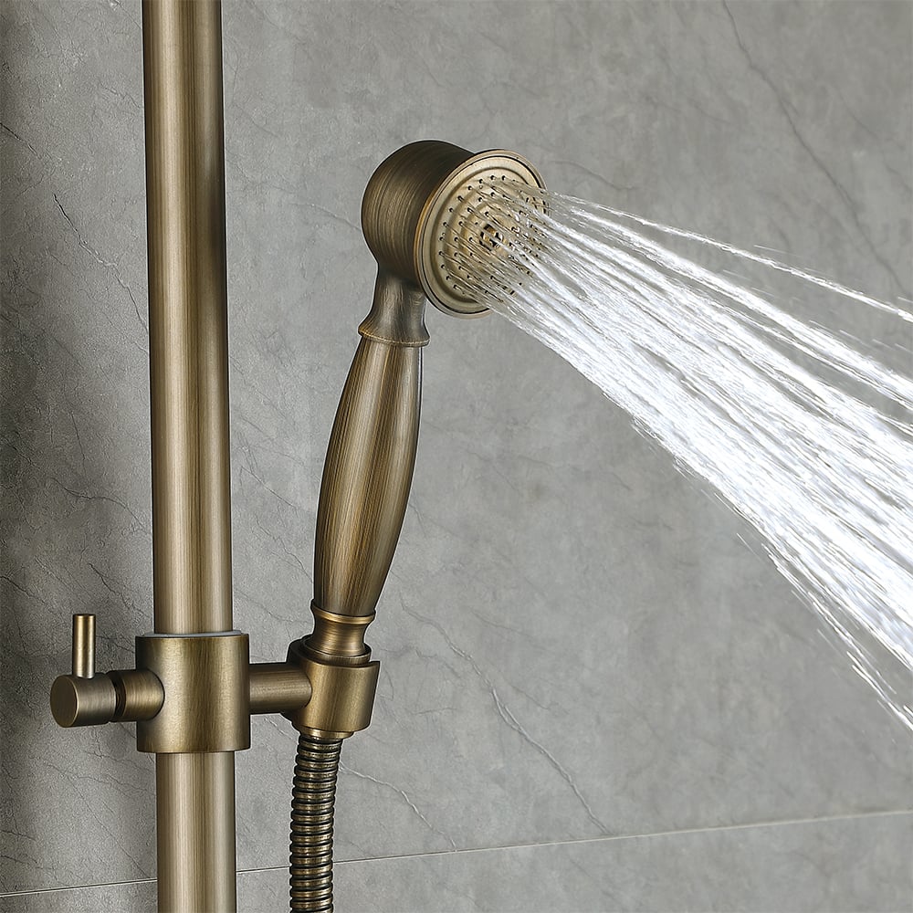 Antique Brass Exposed Wall Mount Shower System with 8" Rain Shower Head and Hand Shower