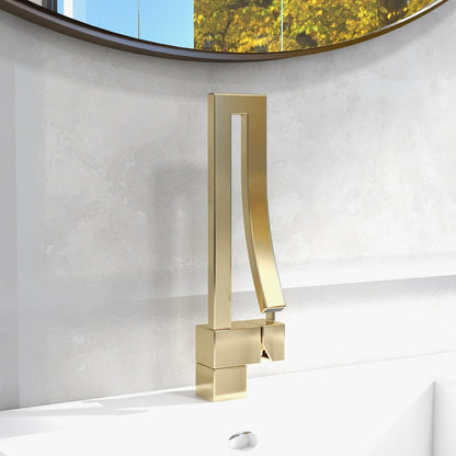 Brushed Gold Waterfall Bathroom Sink Faucet Single Hole Single Handle Brass Modern Style
